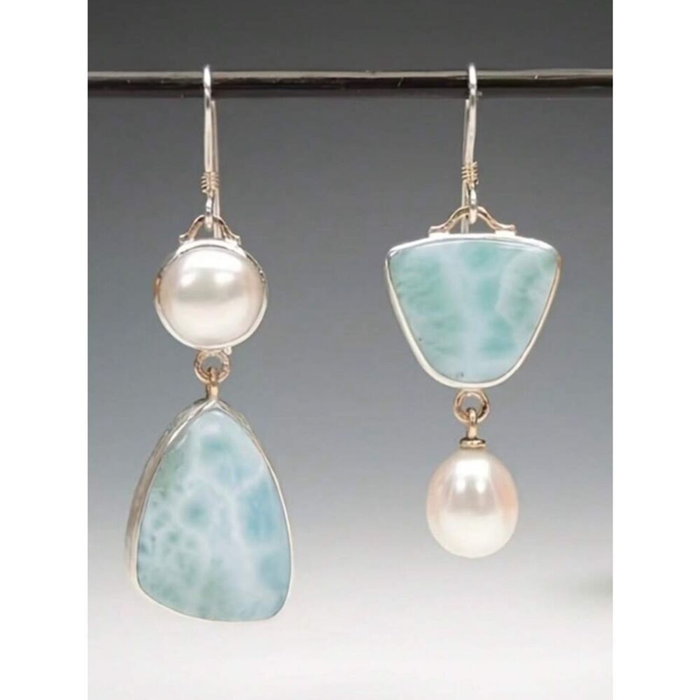 Larimar color and Pearl Drop Earrings R528